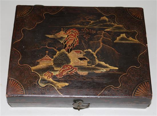 A collection of one hundred and fifty five mother of pearl gaming counters in a chinoiserie lacquered box, box. 8in.